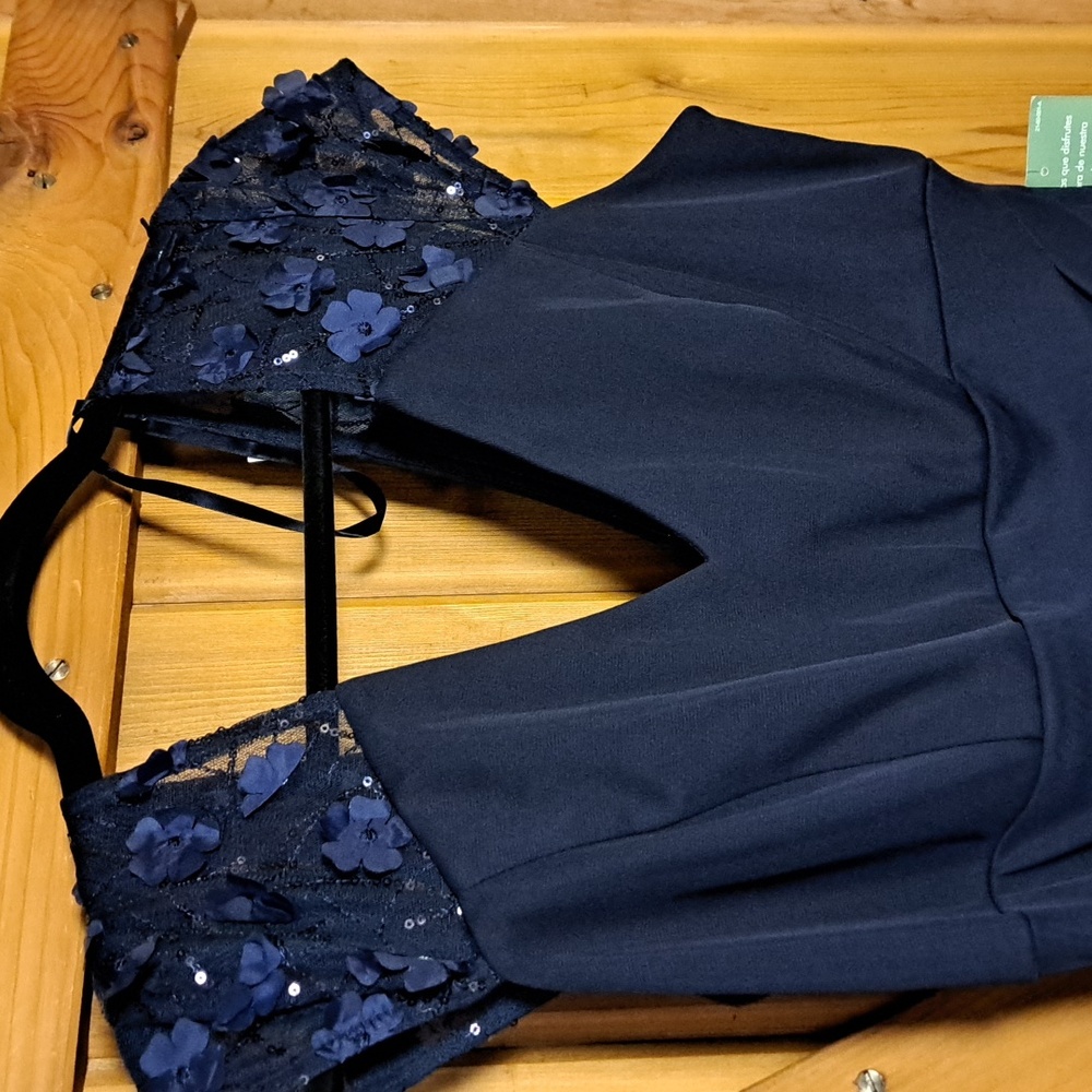 DJ-JAZ 14 party dress, prom, christmas.  Navy ptp 20 " length  39" - Picture 3 of 12